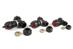Three Red and Black Philmac Fittings Disassembled with Gold Parts